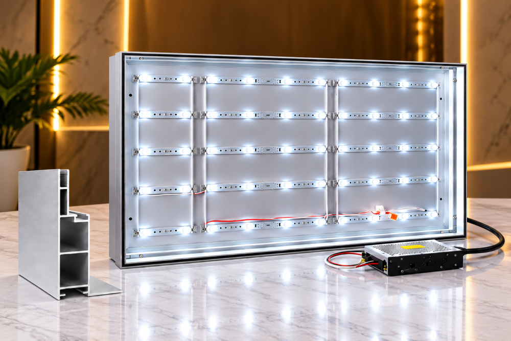 Minh họa thanh nhôm 6 cm và khung hộp đèn có LED