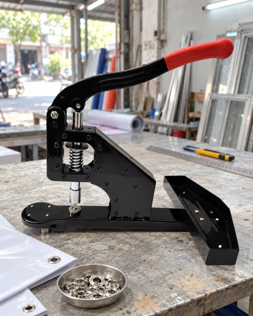 Máy dập khuy bạt 10 mm cối hoa sen BEDO tại bàn làm việc trong xưởng quảng cáo.