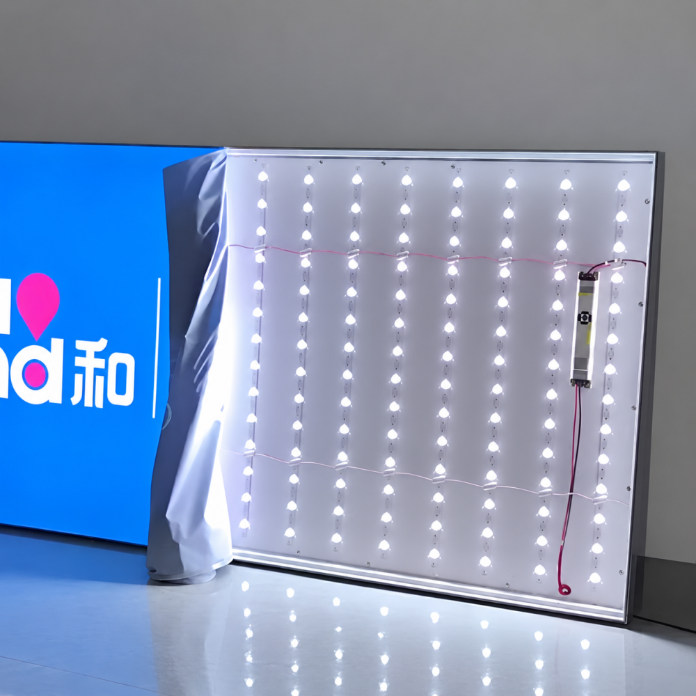 Hộp đèn nhét cạnh mở mặt bạt để quan sát LED bên trong