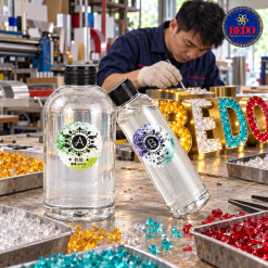 Keo AB Epoxy BEDO và hạt nhựa xuyên sáng trong xưởng gia công chữ nổi