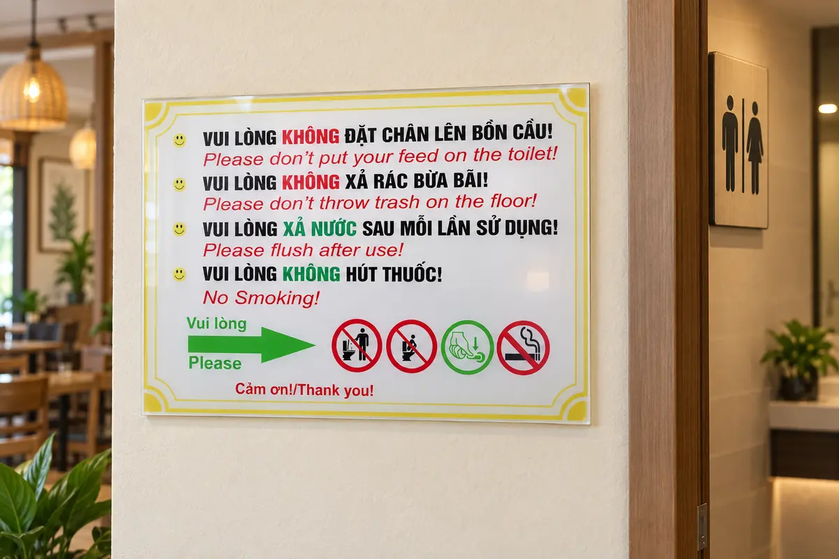 Biển nội quy nhà vệ sinh song ngữ tại nhà hàng và quán café