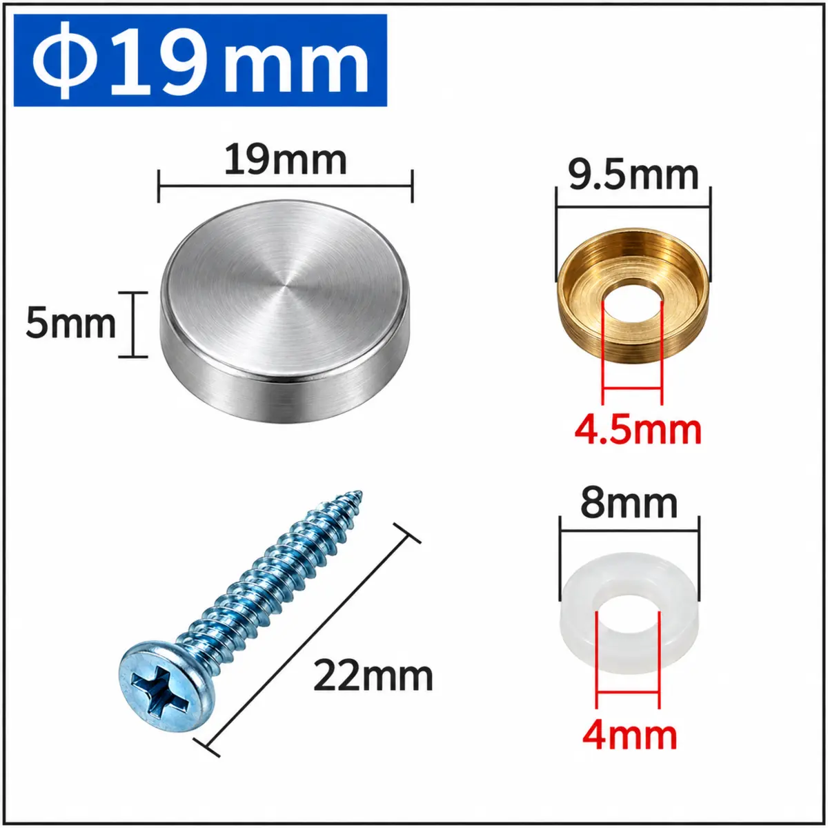 Kích thước nắp chụp đầu vít inox 304 phi 19 mm