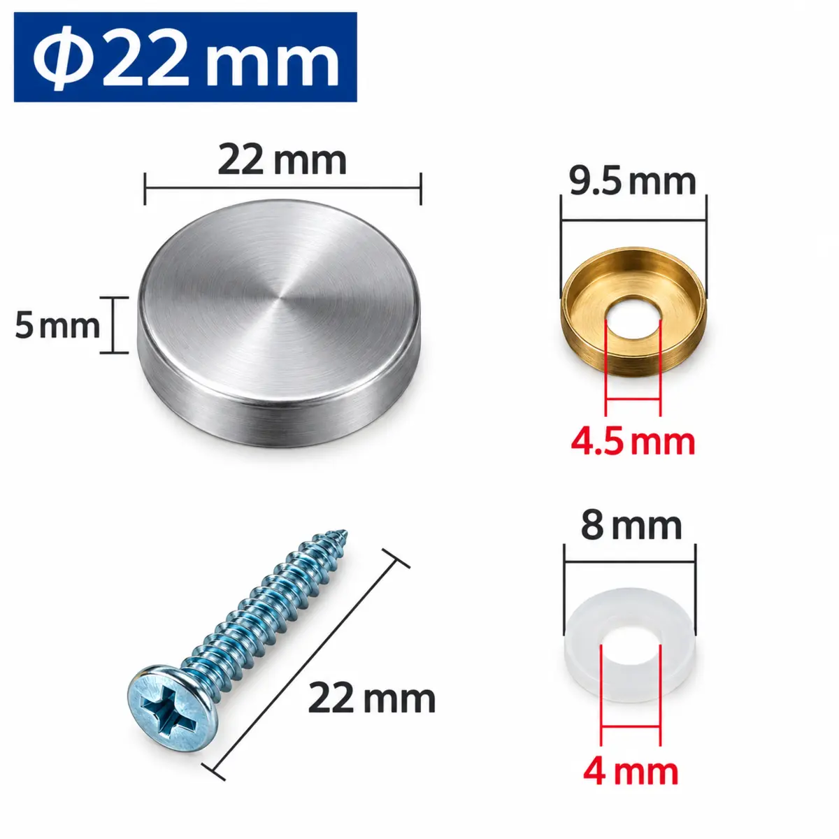 Kích thước nắp chụp đầu vít inox 304 phi 22 mm