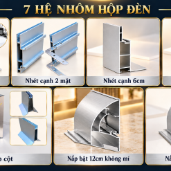 Bảy hệ nhôm hộp đèn không viền gồm nắp bật, nhét cạnh và ốp cột
