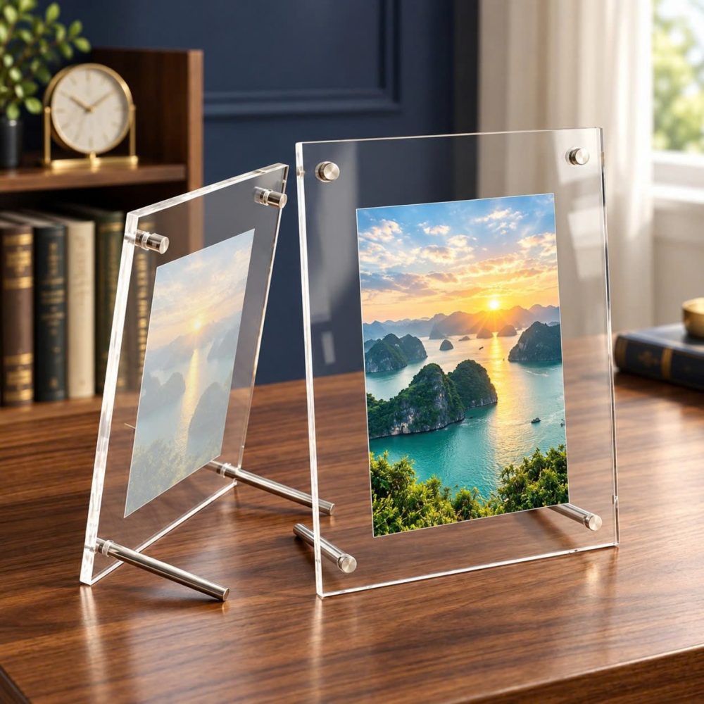 Khung ảnh mica để bàn với chân đỡ kim loại