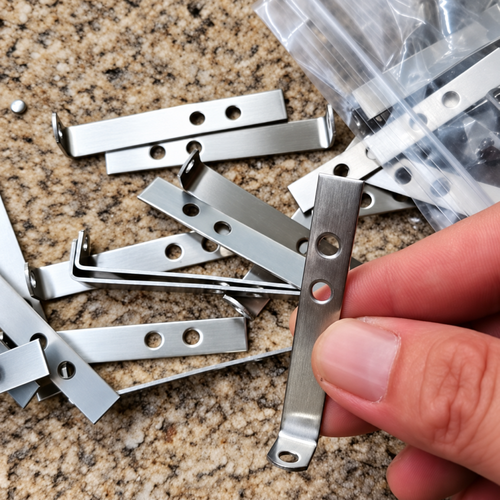 Cận cảnh ke chữ L inox và các lỗ bắt vít trong túi sản phẩm BEDO