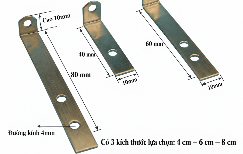 Sơ đồ kích thước ke chữ L BEDO: trái 8 cm, giữa 4 cm, phải 6 cm; bản rộng 10 mm