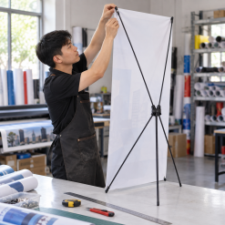 Thợ quảng cáo lắp ráp standee chữ X loại thường tại xưởng