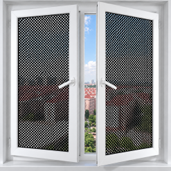 Cửa sổ dán decal lưới chống nắng, giữ tầm nhìn qua các lỗ lưới.