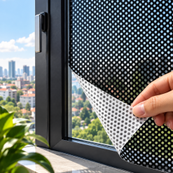 Tấm decal lưới BEDO được bóc lớp lót để thể hiện mặt lưới khi dán kính.