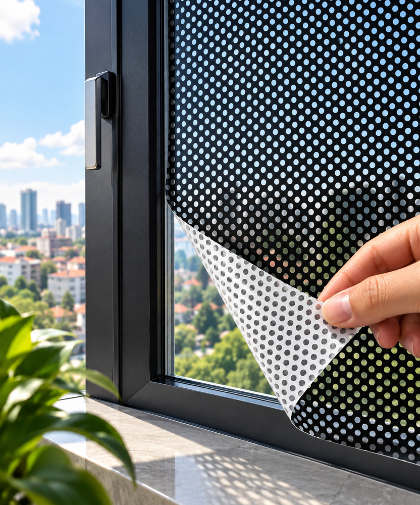 Tấm decal lưới BEDO được bóc lớp lót trước khi dán kính