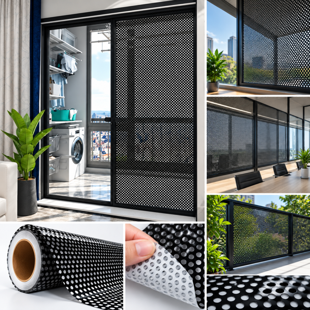 Cửa kính văn phòng dán decal lưới BEDO giảm nắng và chói
