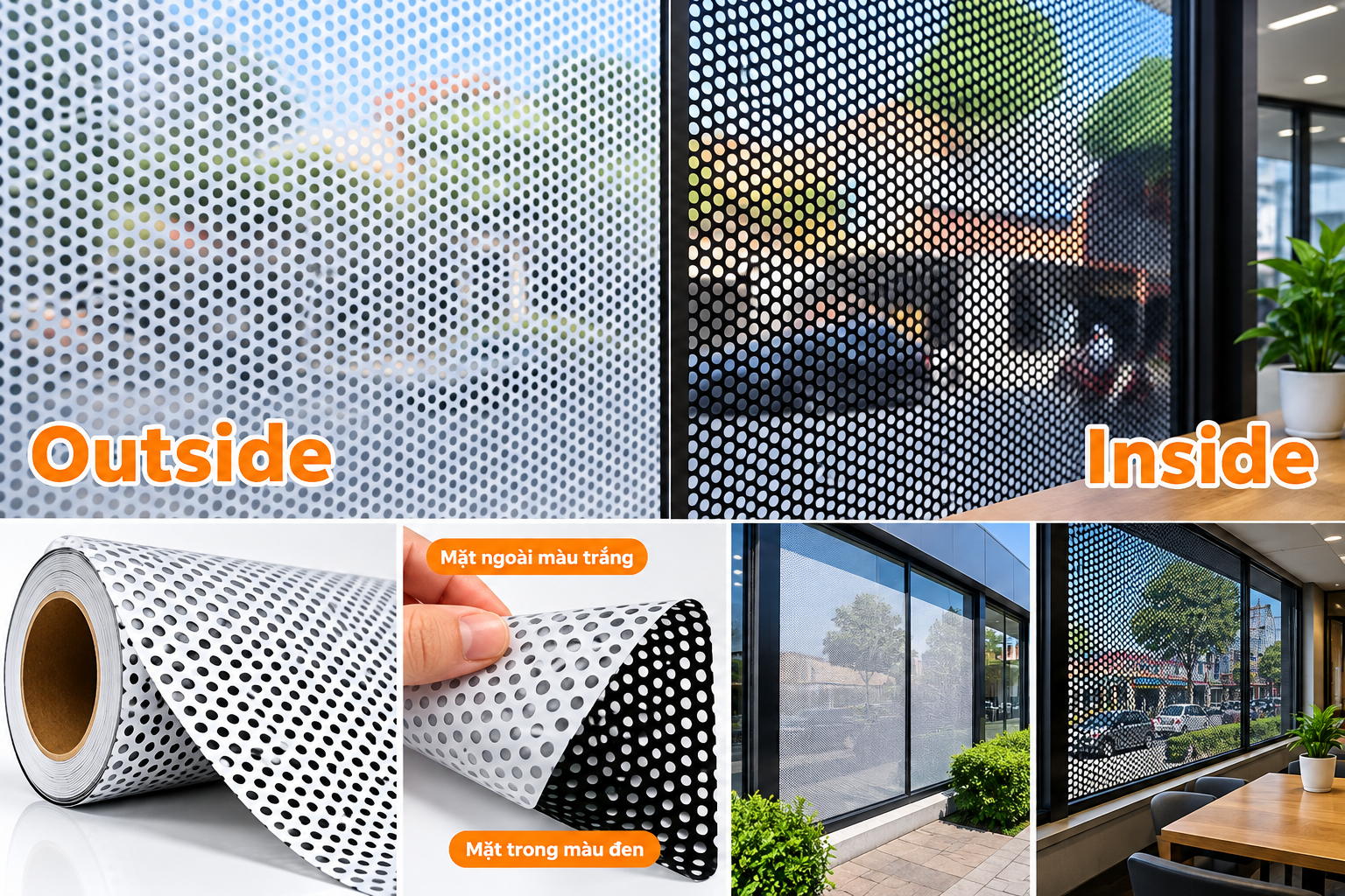 Minh họa mặt ngoài trắng và mặt trong đen của decal lưới BEDO