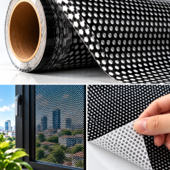 Cuộn decal lưới BEDO và bề mặt lưới quan sát trên cửa kính.