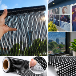 Cuộn decal lưới đen BEDO với chi tiết lỗ thoáng và ứng dụng trên kính.