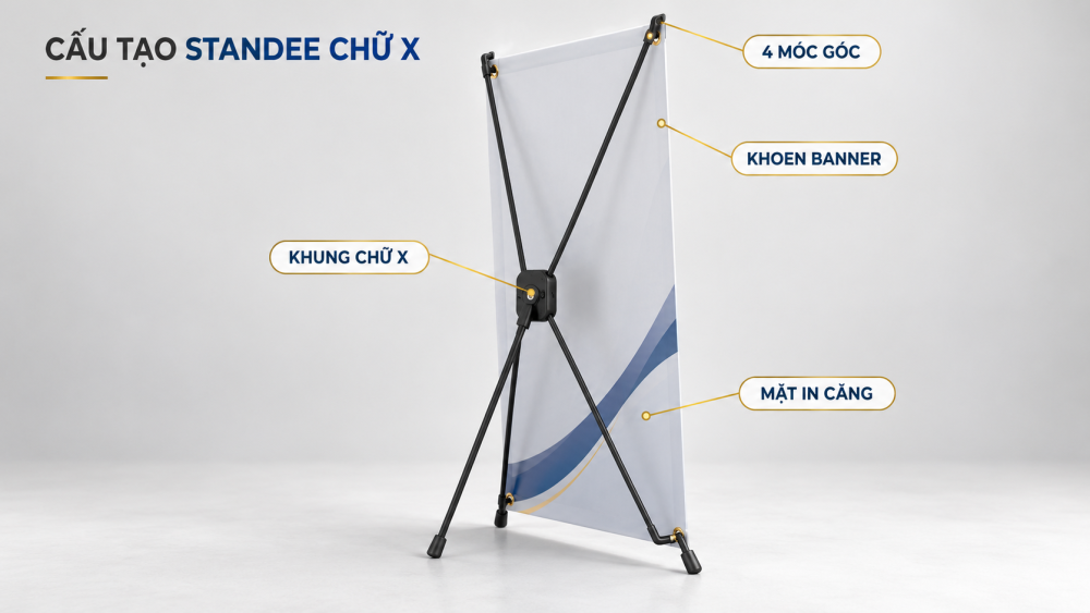 Khung standee chữ X với bốn móc giữ các góc banner