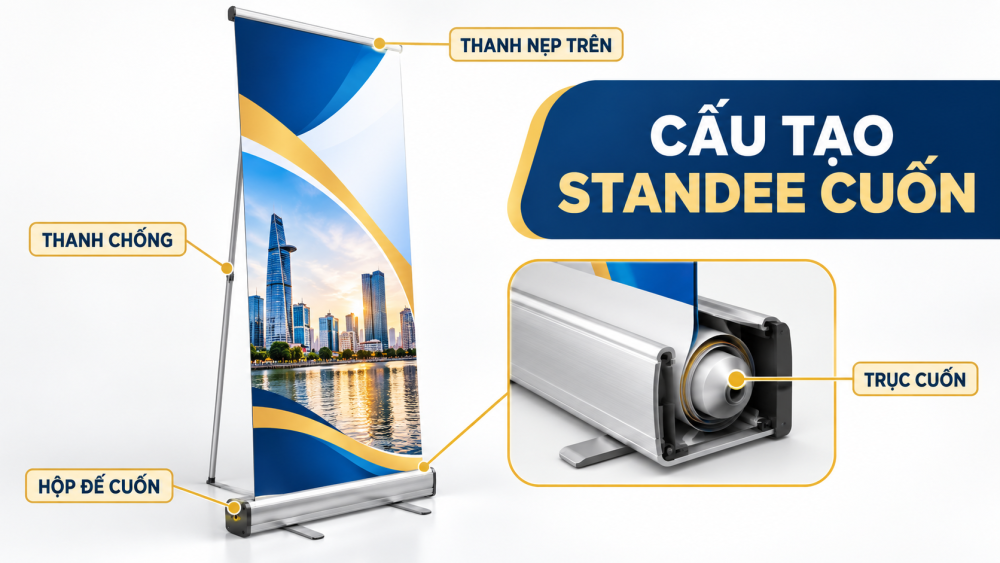 Standee cuốn với hộp đế, trục cuốn và thanh chống banner