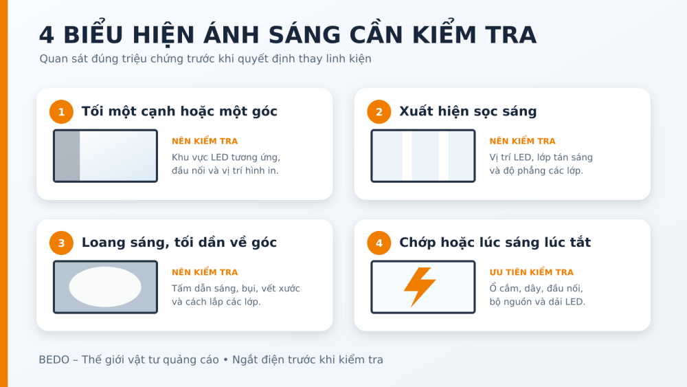 Bốn biểu hiện thường gặp khi tranh điện tối góc, sọc sáng, loang sáng hoặc nhấp nháy