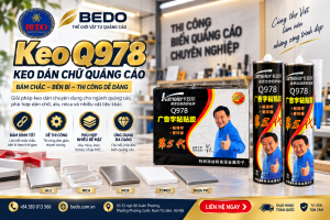 Chai keo Q978 và hộp sản phẩm cạnh mẫu ALU, mica, inox, Fomex trong xưởng quảng cáo