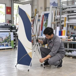 Thợ lắp ráp standee chữ X cường lực tại xưởng quảng cáo