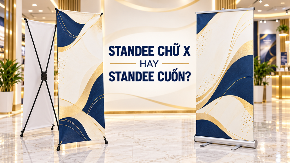 Standee chữ X và standee cuốn đặt trong showroom quảng cáo