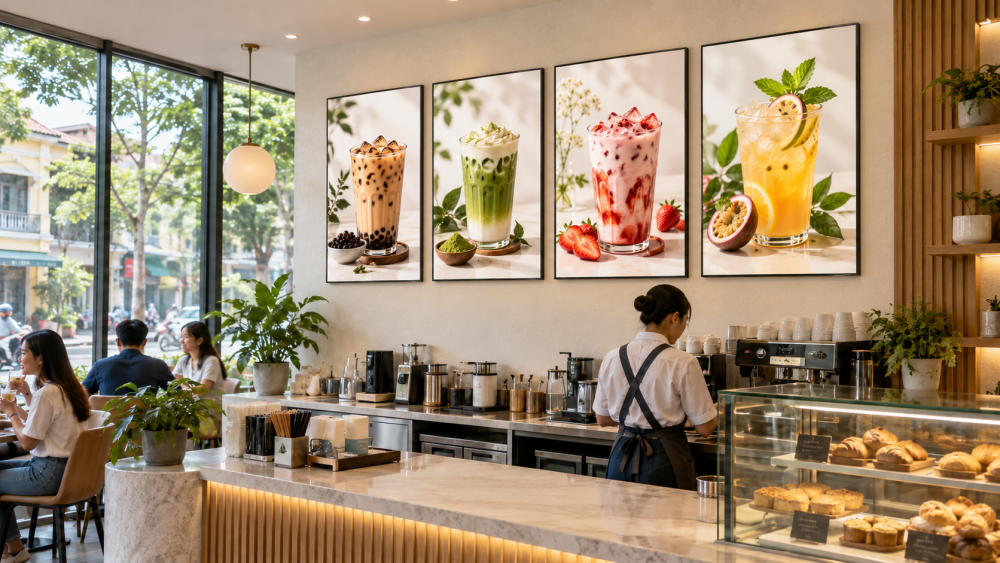Tranh điện menu phát sáng đồng đều trong quán café hiện đại