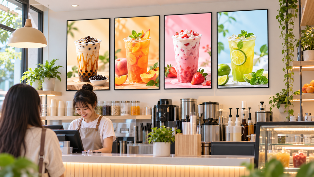 Bốn tranh điện menu siêu mỏng tại quầy trà sữa tươi sáng