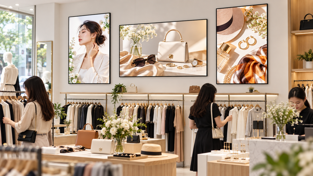 Tranh điện quảng cáo siêu mỏng trong showroom thời trang hiện đại