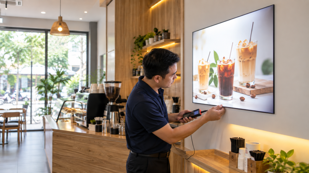 Thợ kỹ thuật kiểm tra tranh điện siêu mỏng sáng không đều tại quán café