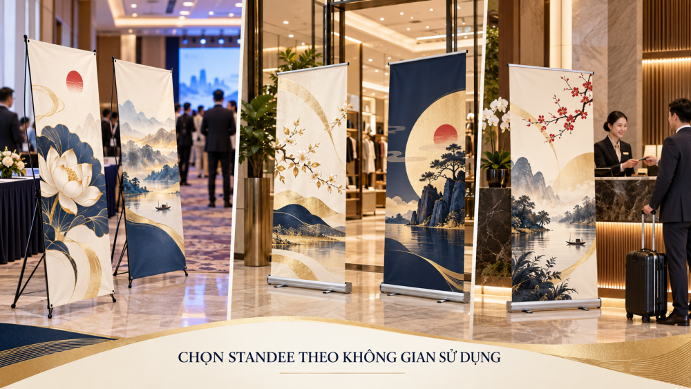 Standee chữ X và standee cuốn tại hội nghị showroom và quầy lễ tân