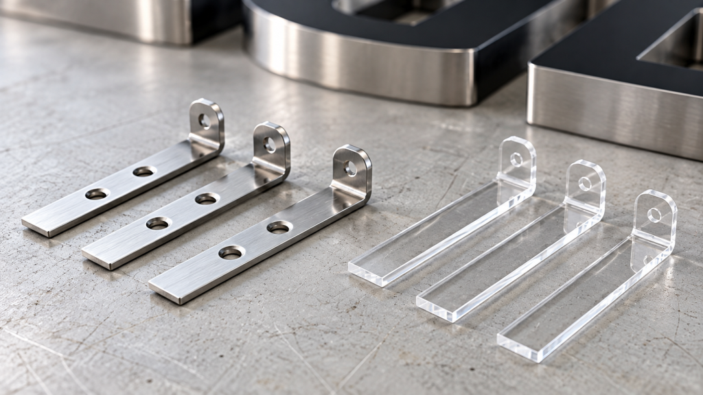 Ke chữ L inox và ke mica trong suốt đặt cạnh nhau trên bàn xưởng