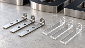 Ke chữ L inox và ke mica trong suốt đặt cạnh nhau trên bàn xưởng