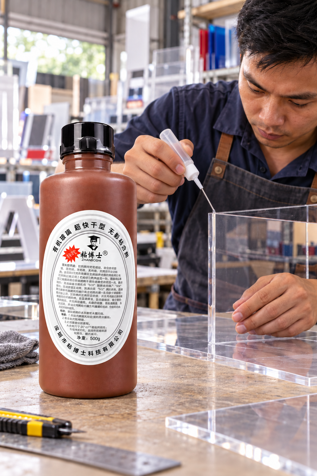 Chi tiết chai keo lạnh Zhanboshi BEDO dùng dán mica