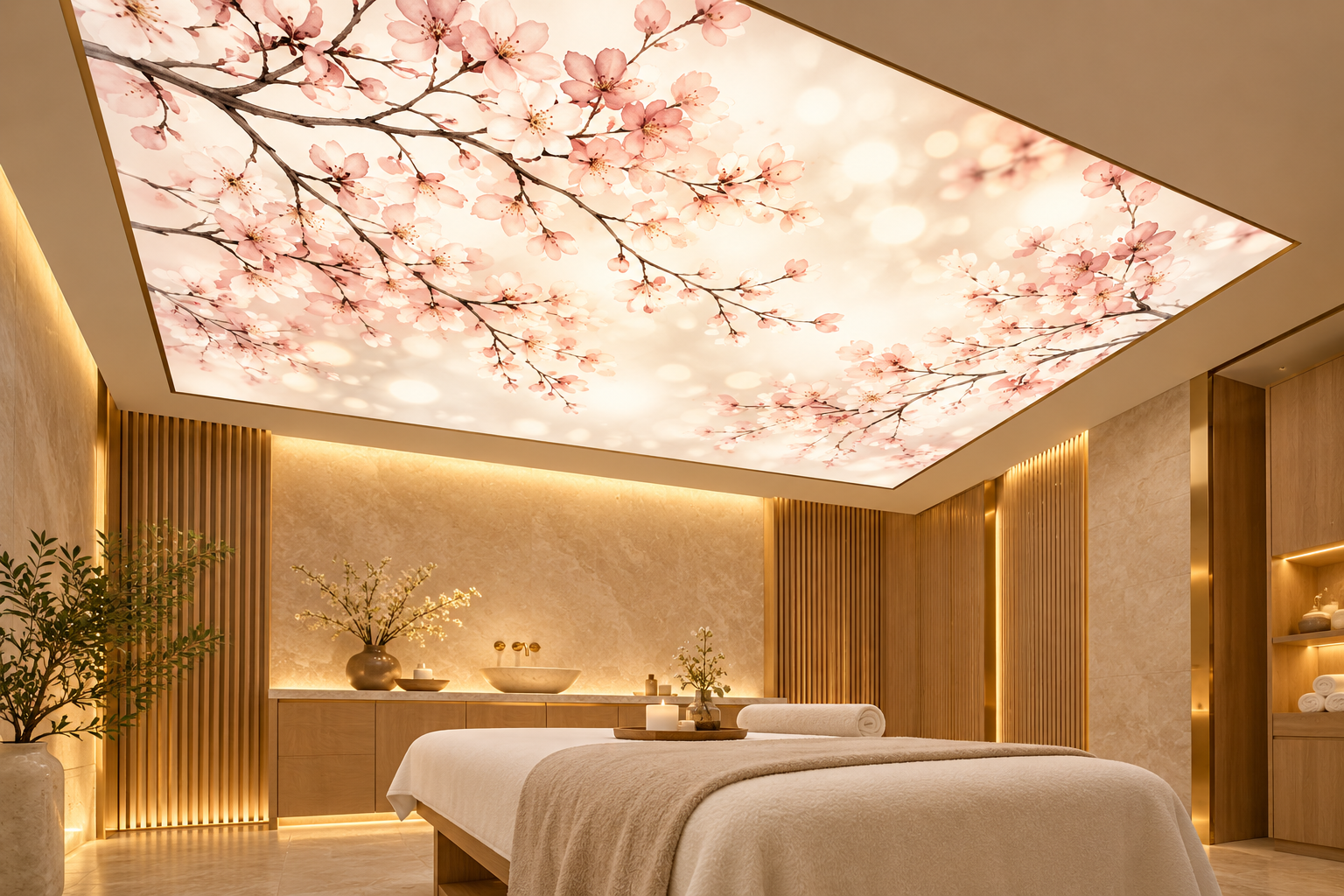 Phối cảnh minh họa trần xuyên sáng họa tiết hoa trong phòng spa