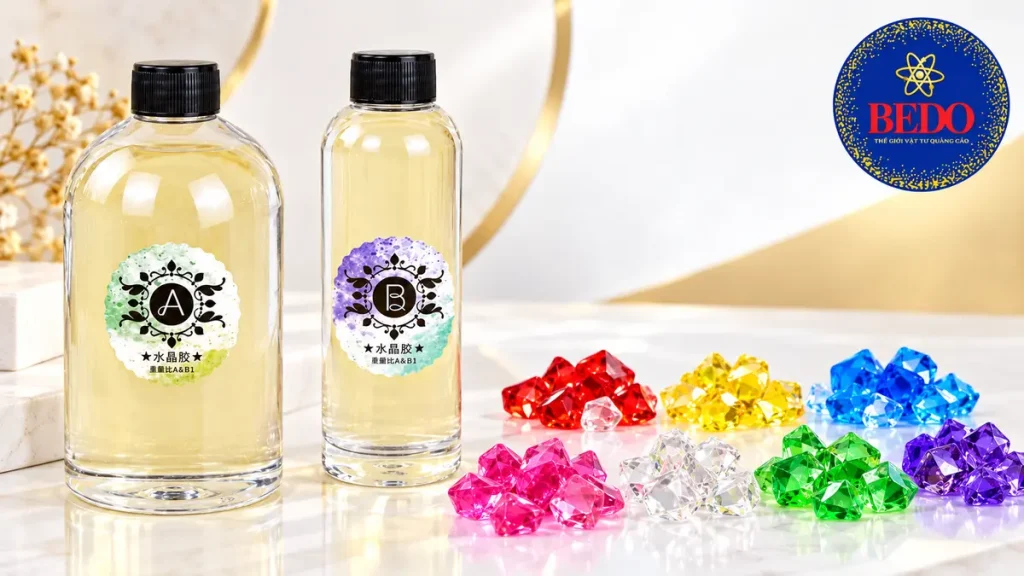 Bộ keo AB Epoxy A và B cùng hạt nhựa xuyên sáng nhiều màu