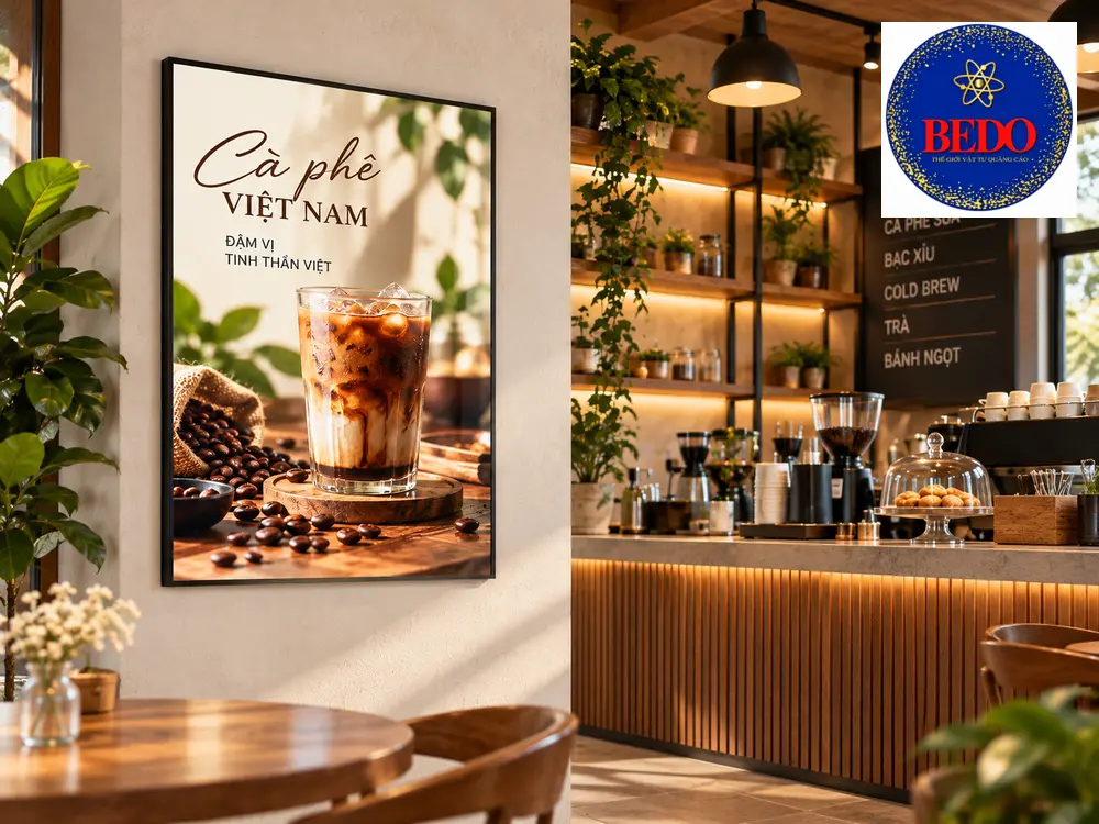 Minh họa tranh điện quảng cáo cà phê gần quầy gọi món
