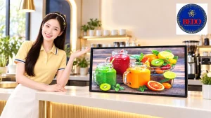 Minh họa tranh điện siêu mỏng trưng bày hình đồ uống tại quầy